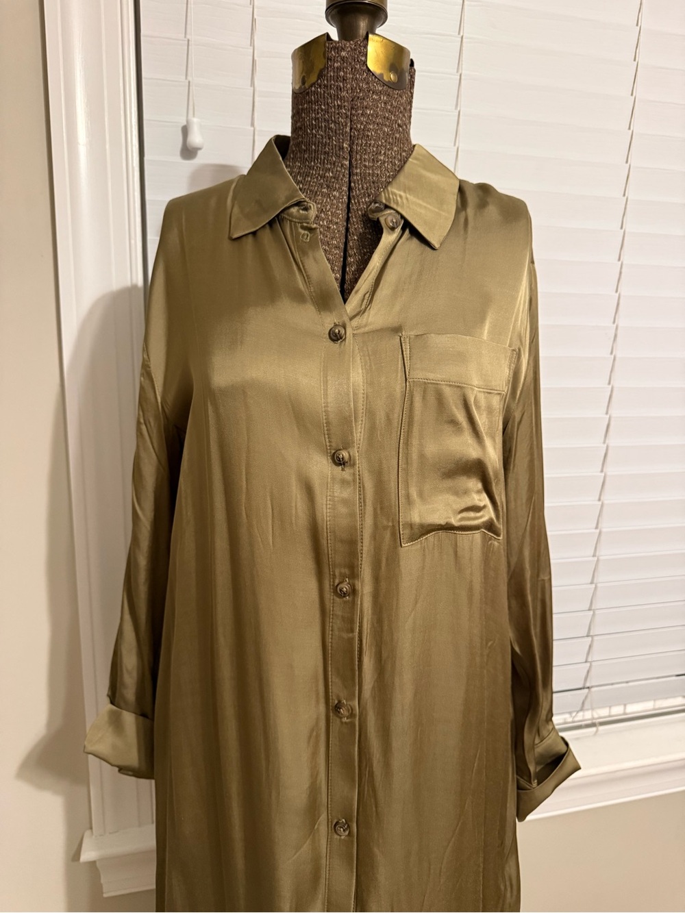 Anthropologie Olive Green Satin Shirt Maxi Dress with Lace Skirt - Picture 2 of 6